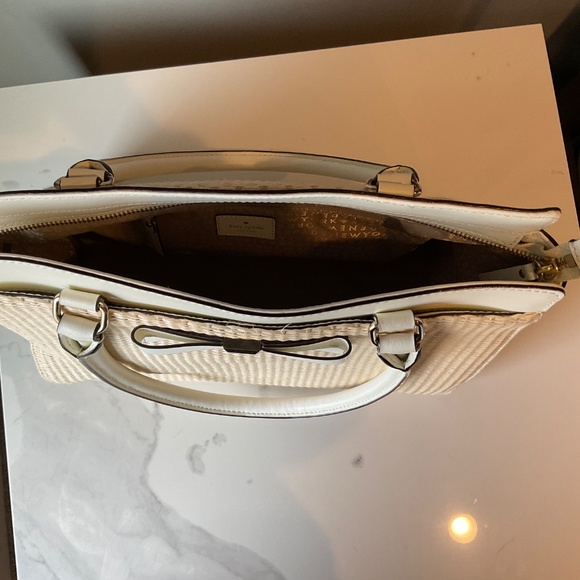 Kate Spade Raffia Trimmed Soft White Leather Bow Tote EUC Retail $375 - Picture 6 of 11